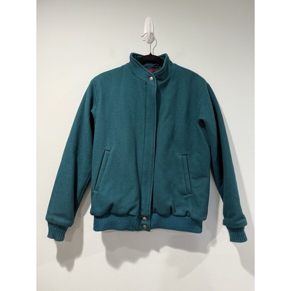 Vintage LL Bean Wool Bomber Jacket Womens Medium Green Full Zip Flannel Lining - Picture 1 of 6